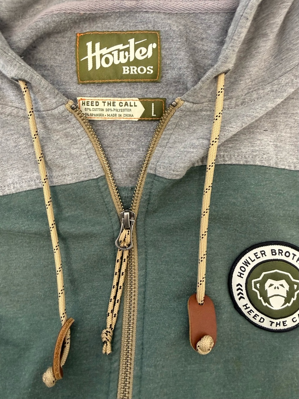 Howler Brothers Men’s Green & Gray Zip-Up Hoodie with Rope Drawcords - Size L